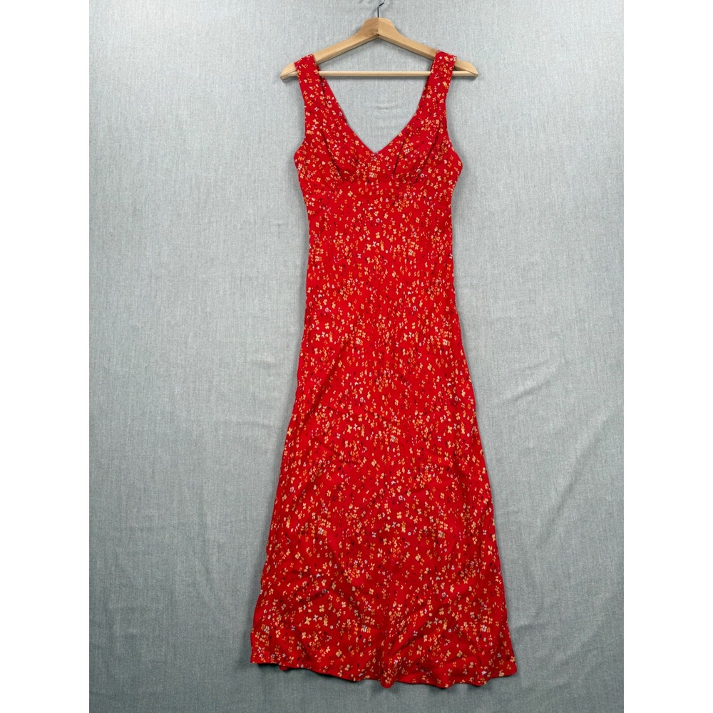 Reformation Beauden Red Floral V-Neck Midi Dress Sleeveless Viscose Rayon Blend